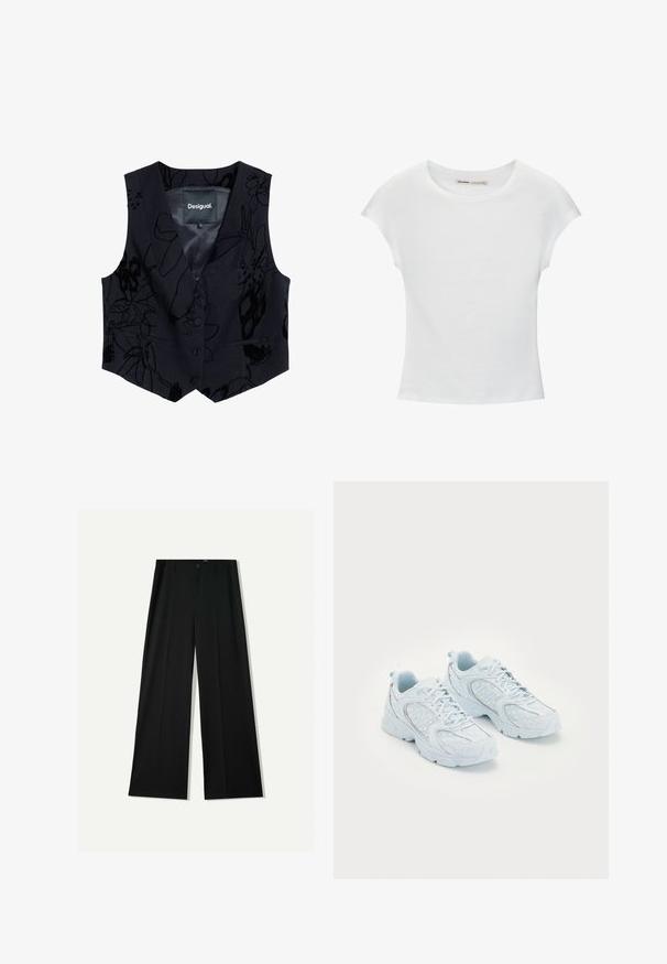 Czarna, bezrękawnikowa kamizelka w kwiatowy wzór z teksturowanej tkaniny. Posiada dekolt w serek, dwie przednie kieszenie oraz zapięcie na guziki. Etykieta marki widoczna wewnątrz.; Biała bawełniana koszulka z krótkimi, podwiniętymi rękawami, okrągłym dekoltem i prostym dołem. Gładka tekstura bez widocznych wzorów ani ozdób.; Bershka WIDE czarny; Jasnoniebieskie buty sportowe z siateczkową i syntetyczną cholewką, ozdobione białymi kropkami i odblaskowymi akcentami, z zapięciem na sznurowadła oraz amortyzującą podeszwą.