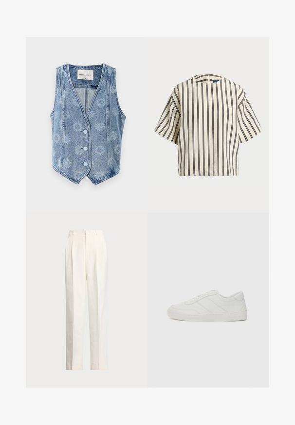 Vest din denim de culoare albastru deschis, cu un model floral, design în formă de V și cinci nasturi de culoare albastru deschis. Dispune de un croi fără mâneci și o margine ascuțită.; Cămașă cu mâneci scurte, cu dungi în nuanțe de crem și bleumarin, având un decolteu rotund și un design dreptunghiular dintr-un material texturat.; Polo Ralph Lauren HEMP WIDE LEG PANT - Pantaloni - nevis; Pantofii sport din piele albă cu șireturi plate, vârful rotunjit și detalii de cusătură subtile. Dispun de o talpă texturată și un logo de marcă embosat pe călcâi.