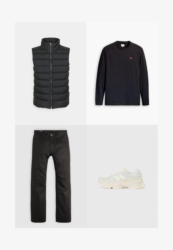 Black padded vest with a high collar, featuring a central zipper and horizontal quilted pattern. Material appears smooth and lightweight.; Black long-sleeve t-shirt made of cotton. Features a crew neckline and a small red logo on the chest. Smooth texture, standard fit.; Black straight-leg pants with front button and zipper closure, belt loops, and five-pocket design on a light background.; Lightweight sneaker featuring a mesh and suede upper in soft cream tones, with a chunky sole and three-dimensional accents.