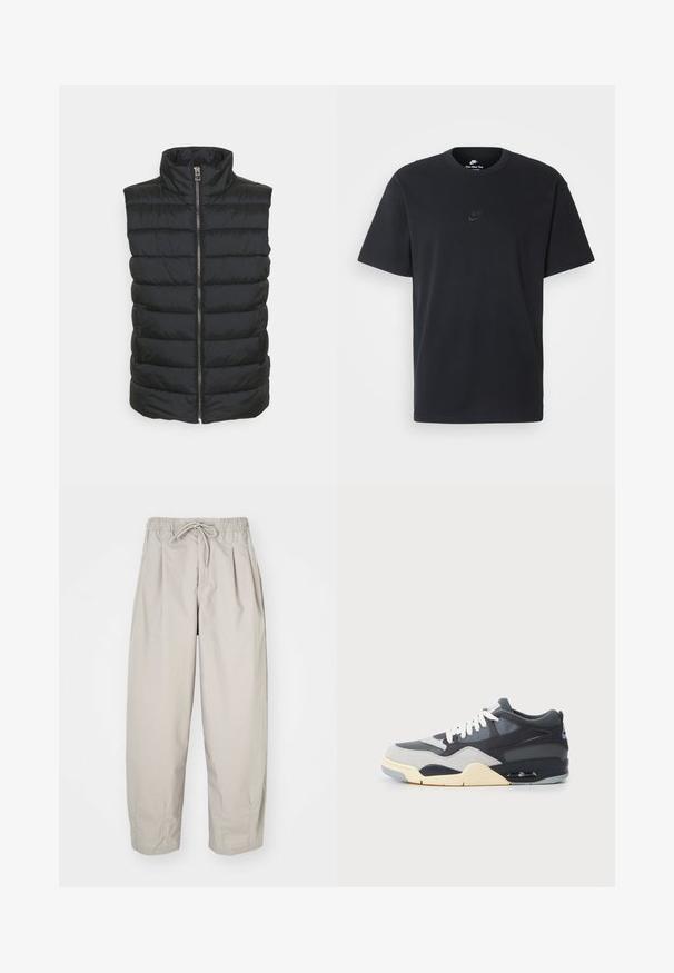 Black padded vest with a high collar, featuring a central zipper and horizontal quilted pattern. Material appears smooth and lightweight.; Nike black cotton t-shirt with a classic crew neck, short sleeves, and a subtle, embossed logo on the chest. Smooth texture.; Beige, lightweight trousers with an elastic waistband and drawstring. Features pleats and a loose fit, crafted from soft, smooth fabric.; Sneaker with a mixed material upper in gray and navy, cushioned sole, white laces, and a blue accent logo on the heel.