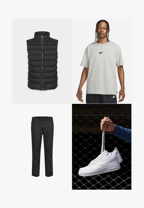 Sort polstret vest med høj krave, der har en central lynlås og horisontal quiltet mønster. Materialet ser glat og let ud.; Ung person med fletninger iført en lys grå Nike T-shirt og sorte Nike shorts mod en ensfarvet hvid baggrund.; Sorte bomuldsbukser med elastisk talje, snorelukning og en afslappet pasform. Har en glat overflade og smalle ben.; Hvide lædersneakers med perforeringer, rund tå, flad sål og tykke snørebånd, med et synligt swoosh-logo og "AIR" på hælen.