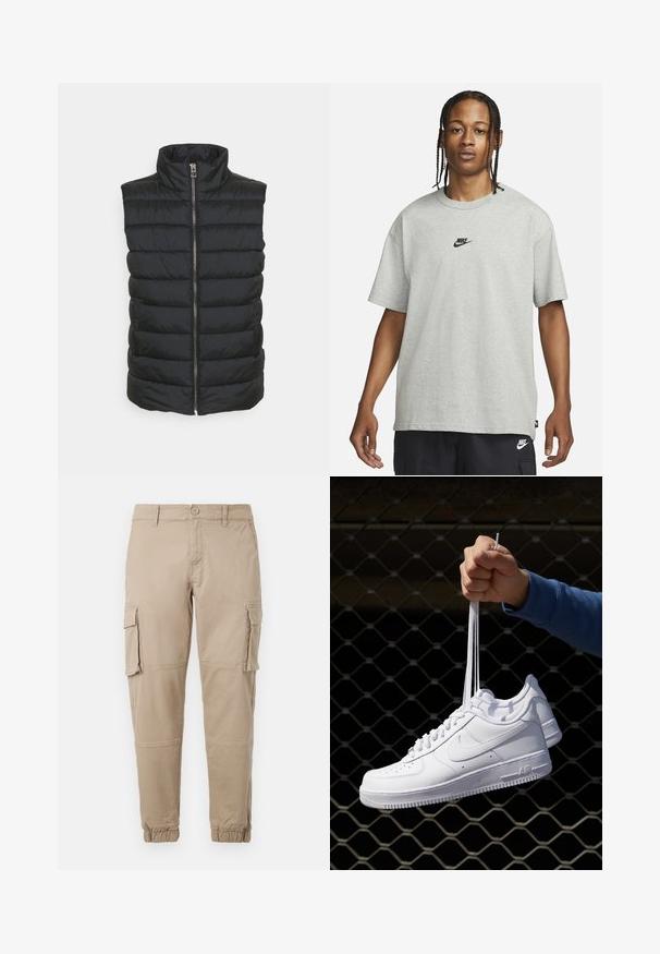 Black padded vest with a high collar, featuring a central zipper and horizontal quilted pattern. Material appears smooth and lightweight.; Young person with braided hair wearing a light gray Nike T-shirt and black Nike shorts against a plain white background.; Beige cargo pants in a lightweight cotton material. Features elastic cuffs, multiple side pockets, and a button closure.; White leather sneakers with perforations, round toe, flat sole, and thick laces, featuring a visible swoosh logo and "AIR" on the heel.