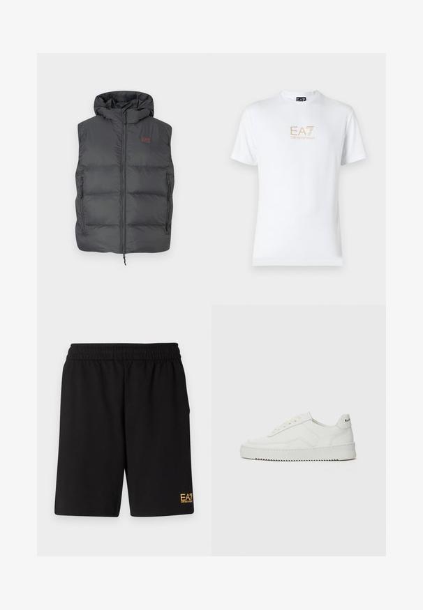 Šedá prešívaná vesta s kapucňou, s predným zipsom, dvomi bočnými vreckami a malým logom EA7 na hrudi. Hladká, lesklá textúra.; Biela bavlnená tričko s okrúhlym výstrihom a krátkymi rukávmi, na prednej strane s potlačou zlatého loga EA7 Emporio Armani.; Čierne športové šortky vyrobené z jemného materiálu, s elastickým pásom a malým žltým logom EA7 na dolnej ľavej nohe.; Biele kožené tenisky s hladkým povrchom, okrúly špičkový dizajn, ploché šnúrky a textúrovaná podrážka. Obsahujú jemné logo na päte.