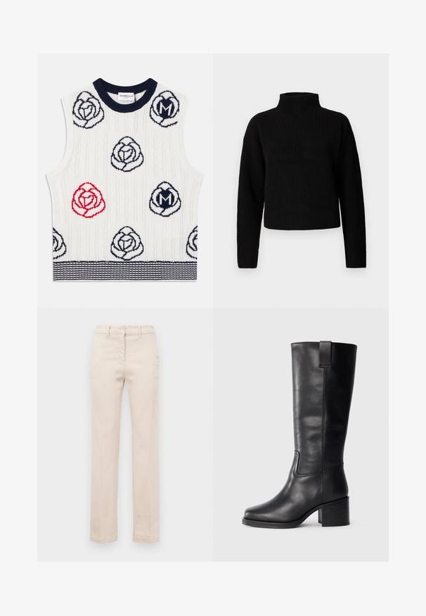 White sleeveless knit vest with navy and red flower patterns, navy ribbed collar, and navy striped hem, Marella Sport label inside collar.; Black ribbed turtleneck sweater with long sleeves and a cropped design. Texture appears thick and knitted, with no visible patterns or embellishments.; Beige cotton trousers with a tailored fit, straight legs, a front zipper, and a smooth texture. Features traditional belt loops.; Black leather knee-high boots with a smooth texture, square toe, block heel, and side pull tab, featuring minimal stitching details.