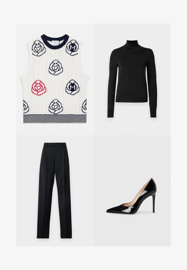 Biely bezrukávový pletený sveter so vzormi kvetov v námorníckej modrej a červenej, námorníckym rebrovaným golierom a námorníckym pruhovaným lemom, štítok Marella Sport vo vnútri goliera.; Čierny dlhý rukáv rolák s rebrovanými manžetami a lemom, zobrazený na čistej bielej pozadí.; Čierne nohavice vyrobené z hladkej látky s vysokým pásom, širokými nohavicami, prednými záhybmi a klasickými pútkami na opasok. Žiadne bočné vrecká nie sú viditeľné.; Čierne lakované lodičky na vysokej podpätku s špicatou špičkou a elegantným siluetou. Disponujú hladkým, lesklým povrchom a štíhlym podpätkom.