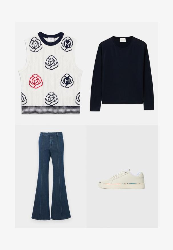 Chaleco de punto sin mangas blanco con patrones de flores en azul marino y rojo, collar acanalado en azul marino y dobladillo a rayas azul marino, etiqueta de Marella Sport en el interior del collar.; Camiseta de manga larga cuello redondo en color azul marino, hecha de una tela suave y lisa con un ajuste relajado. Presenta puños y dobladillo acanalados, etiqueta en el cuello.; Pantalones de mezclilla acampanados en azul oscuro, con costuras estructuradas y un acabado limpio. Presenta una cinturilla de altura media y piernas anchas y fluidas.; Zapatilla baja en color blanco roto con diseño de cordones, forro interior blanco y un sutil borde multicolor a lo largo del borde de la suela, vista lateral.