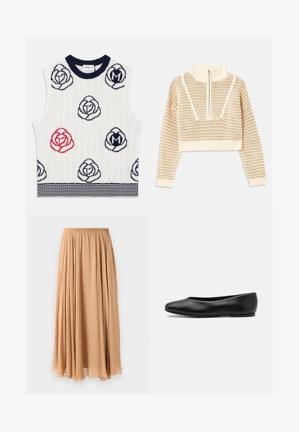 Biała bezrękawnikowa kamizelka dzianinowa z granatowymi i czerwonymi wzorami kwiatowymi, granatowy prążkowany kołnierz i granatowy paskowany dół, metka Marella Sport wewnątrz kołnierza.; Jasnobeżowy krótki sweter z zapięciem na zamek błyskawiczny przy kołnierzu w stylu stójki, z teksturowanym wzorem oraz prążkowanymi mankietami i dołem. Łączy materiały dziane i tkane.; Maxi spódnica w jasnym beżu, wykonana z zwiewnego materiału. Posiada zebrany elastyczny pas i miękkie fałdy dla swobodnego ruchu.; Paul Smith TOPANGA czarny