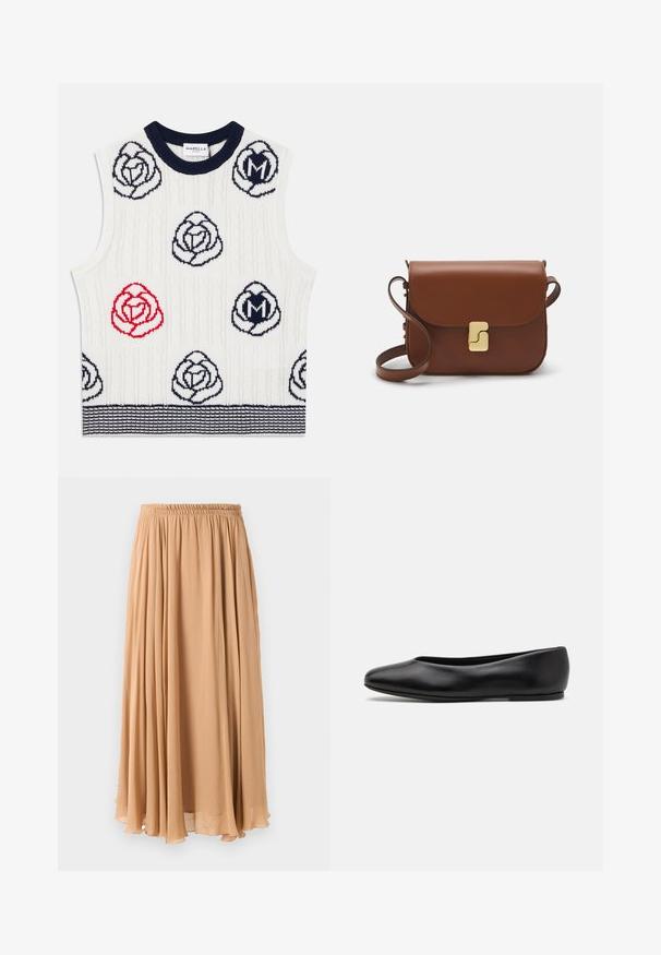 Valkoinen ilman hihoja neuleliivi, jossa on tummansinisiä ja punaisia kukkakuoseja, tummansininen ribbinekku sekä tummansiniset raidalliset helmat. Marella Sport -merkki kauluksessa.; Vaalea beige lyhyt neulepusero, jossa on vetoketjukiinnitteinen korkea kaulus. Se esittelee teksturoidun kuosin ja ribbireunat hihoissa ja helmassaan. Yhdistelmä neulotusta ja kudotusta materiaalista.; Maxihame vaaleanbeigeä, valmistettu ilmavasta kankaasta. Siinä on kokoontuva joustavyötärö ja pehmeät poimut liikkumista varten.; Paul Smith TOPANGA - Ballerinat - black; Ruskea nahkainen käsilaukku, jossa on läppäkiinnitys, kultasävyiset yksityiskohdat, olkahihna ja sileä pinta. Kompaktin suorakaiteen muotoinen.