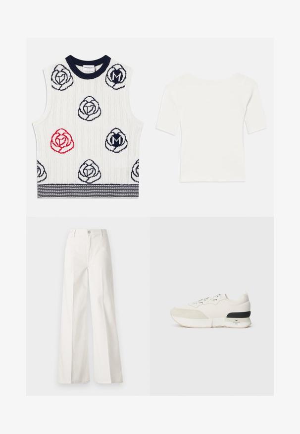 Hvit ermeløs strikket vest med marineblå og røde blomstermønstre, marineblå ribbekrage og marineblå stripet kant, Marella Sport-merkelapp inni kragen.; Hvit ribbestrikket kortermet topp med bred utringning. Teksturen har vertikale striper som fremhever en tettsittende passform og enkelt design.; Hvite vide bukser laget av bomull med en glatt tekstur. Har en frontknapp, glidelåsgylf og fire lommer.; Hvite sneakers med en teksturert ser ut som en suede tåhette, glatt mesh-overdel, dekorative snørebånd og en svart gummihælaccent.