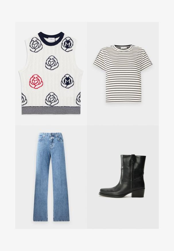 Biely bezrukávový pletený sveter so vzormi kvetov v námorníckej modrej a červenej, námorníckym rebrovaným golierom a námorníckym pruhovaným lemom, štítok Marella Sport vo vnútri goliera.; Bavlnené tričko s krátkym rukávom a okrúhlym výstrihom, s čiernymi vertikálnymi pruhmi na bielom pozadí a priamym strihom.; Svetlo modré denimové džínsy s širokým strihom, piatimi vreckami, pútkami na opasok a zapínaním na gombík. Tkanina má hladkú textúru.; Čierne kožené členkové topánky s okrúhlou špičkou, blokovým podpätkom, bočným zipsom a prešívaním na priehlavku. Hladká textúra, klasický dizajn.