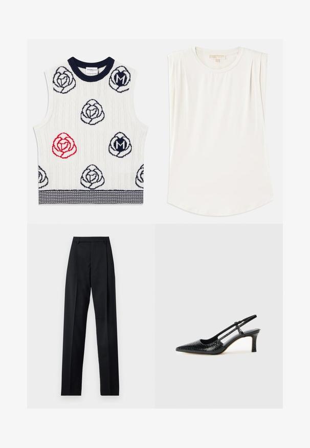 Vest tricotat fără mâneci, alb, cu modele florale în nuanțe de bleumarin și roșu, guler cu dungi ribbed bleumarin și tiv cu dungi bleumarin, eticheta Marella Sport în interiorul gulerului.; Top alb fără mâneci dintr-un material fin, având guler rotund și pliuri subtile pe umeri, cu o linie de tiv curbată.; Pantaloni negri dintr-un material neted, cu talie înaltă, picioare largi, pliuri frontale și loop-uri clasice pentru curea. Fără buzunare laterale vizibile.; Pantofi cu toc slingback negri din patent, cu vârf ascuțit, cu imprimeu de șarpe texturat, curea ajustabilă și toc scurt texturat.