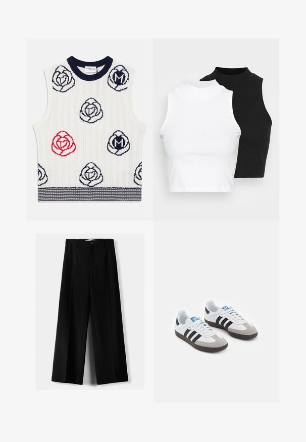Weißer ärmelloser Strickpullover mit marineblauen und roten Blumenmustern, marineblauem Rippkragen und marineblauem gestreiftem Saum, Marella Sport Etikett im Kragen.; Zwei ärmellose, gerippte Rollkragenoberteile in Schwarz und Weiß, mit einer figurbetonten Passform und glatter Textur sowie einer cropped Länge.; Schwarze weite Hosen aus leichtem Stoff, mit einem Knopfverschluss vorne und flachem Bund, mit sorgfältig genähten Säumen.; Sportschuhe mit einem Obermaterial aus weißem Leder, grauer Wildleder-Zehenkappe und drei schwarzen Streifen. Sie verfügen über ein blaues Logo auf der Zunge und eine strukturierte Gummisohle.