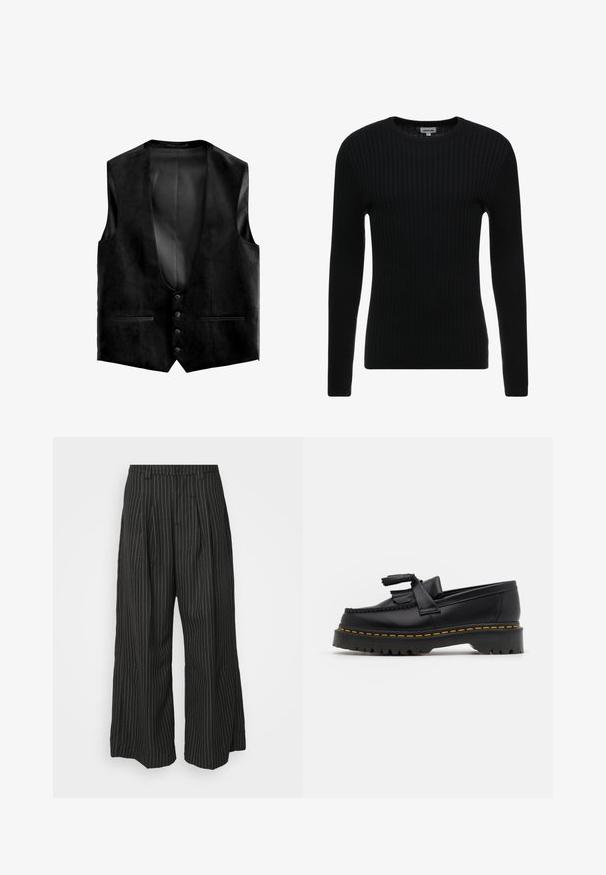 Črni semiš brezrokavnik z globokim V-izrezom, petimi gumbi in dvema sprednjima žepoma. Notranjost vsebuje teksturirano podlogo za dodaten poudarek.; Črna rebrasta dolgoslena majica s krožnim izrezom; teksturirana tkanina z navpičnimi črtami; oprijet silhueta; brez vidnih okraskov ali detajlov.; Črne široke hlače s črtami in pregibi, s krojem po meri in mehko teksturo. Ni vidne opreme ali dodatkov.; Črne usnjene loafersice s kaširanim naglasom, z debelim črnim podplatom in rumenim šivom ob robu. Teksturirana površina.