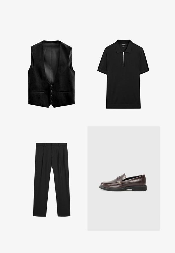 Gilet in suede nero con scollatura a V profonda, cinque bottoni e due tasche frontali. L'interno presenta una fodera strutturata per un tocco di dettaglio in più.; Polo shirt nero a maniche corte con colletto rialzato e zip frontale. Realizzato in un tessuto liscio con un design pulito e minimalista.; Pantaloni neri plissettati realizzati in un tessuto liscio, con una vita tradizionale e un design a gamba dritta. Nessun motivo visibile o elementi in metallo.; Mocassini in pelle marrone con una finitura liscia, caratterizzati da un sottile dettaglio cucito sulla tomaia e una suola in gomma nera.