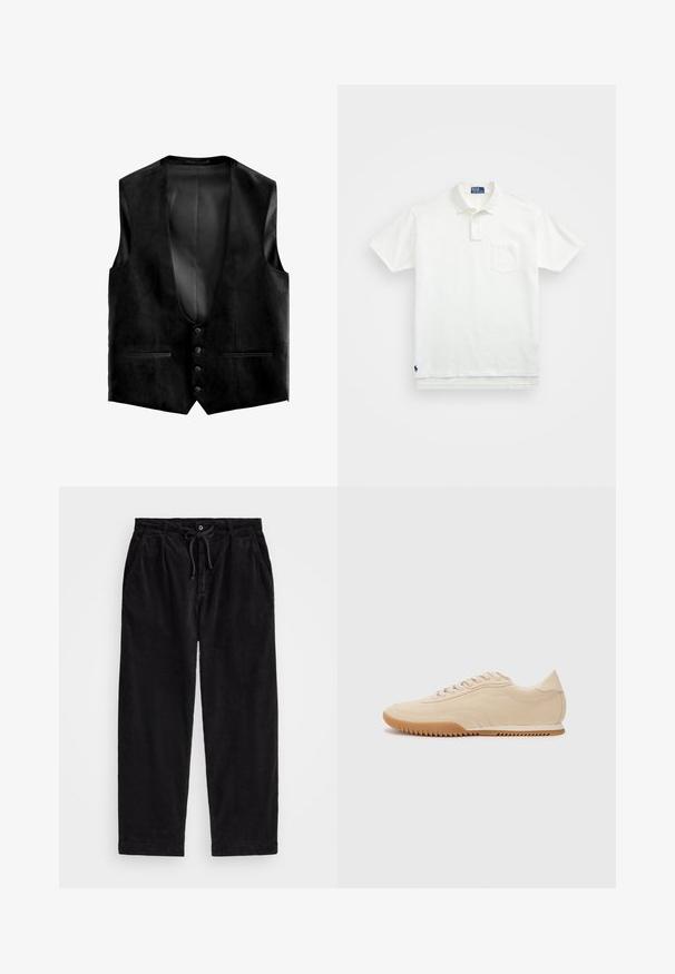 Gilet in suede nero con scollatura a V profonda, cinque bottoni e due tasche frontali. L'interno presenta una fodera strutturata per un tocco di dettaglio in più.; Polo bianco in cotone, con colletto classico, placca con tre bottoni e taschino sul lato sinistro del petto; piccolo logo sull'orlo.; Pantaloni in velluto a coste neri con una vestibilità rilassata, dotati di una vita elasticizzata con cordoncino e tasche laterali. Il tessuto presenta una texture a coste.; Sneaker in suede beige con un design snello, caratterizzati da una tomaia texture, punta arrotondata e suola in gomma con un motivo a zigzag.