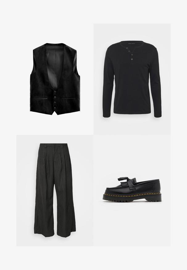 Black suede vest with a deep V-neck, five buttons, and two front pockets. Interior features a textured lining for added detail.; Black long-sleeve henley shirt made of soft fabric, featuring a buttoned placket, round neckline, and fitted sleeves.; Black pinstriped wide-leg trousers with pleats, featuring a tailored design and a soft texture. No visible hardware or accents.; Black leather loafer with a tasseled accent, featuring a chunky black sole and yellow stitching along the edge. Textured finish.