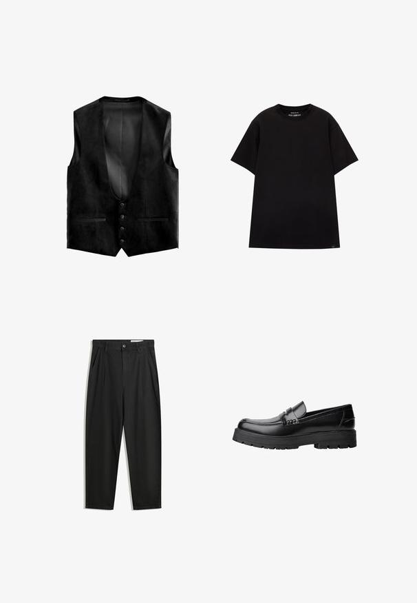 Vest din suede negru cu un decolteu adânc în V, cinci nasturi și două buzunare frontale. Interiorul are un căptușeală texturată pentru un plus de detaliu.; PULL&BEAR JOIN LIFE - Tricou basic - black; Pantaloni negri din bumbac cu croială lejeră, având un brâu clasic, plii frontale și buzunare laterale. Textură netedă fără modele.; Mocasini din piele neagră, cu talpă groasă și profilată și bandă decorativă pe partea superioară, prezentati din profil stâng pe fundal alb.
