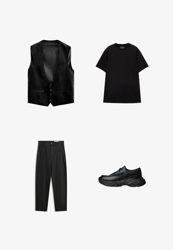 Sort ruskindsvest med dyb V-hals, fem knapper og to forlommer. Indvendigt har den en struktureret foring for ekstra detaljer.; PULL&BEAR JOIN LIFE - T-shirts basic - black; Sorte bomuldsbukser med en afslappet pasform, der har en klassisk talje, frontfolder og sidelommer. Glat tekstur uden mønstre.; Sorte læder slip-on sko med rund tå og tykk tekstureret gummisål. Har diskret syninger og elastiske detaljer ved kraven.