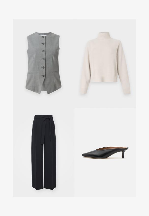 Grauer ärmelloser Weste mit Rundhalsausschnitt, vorderer Knopfleiste und zwei seitlichen Taschen. Hergestellt aus einem strukturierten Stoff mit tailliertem Schnitt.; Hellbeige Rollkragenpullover aus weichem Stoff. Bietet einen lässigen Schnitt, gerippte Säume und Manschetten sowie lange Ärmel. Minimalistisches Design.; Schwarze weite Hosen aus weichem Stoff. Mit einem Gürteltäfelchen und vorderen Falten. Glatte Textur mit einem klaren, modernen Design.; Schwarze Leder-Mules mit spitzem Zehenbereich und niedrigem Blockabsatz. Glatte Textur mit elegantem Design. Offene Rückseite mit minimaler Gestaltung.