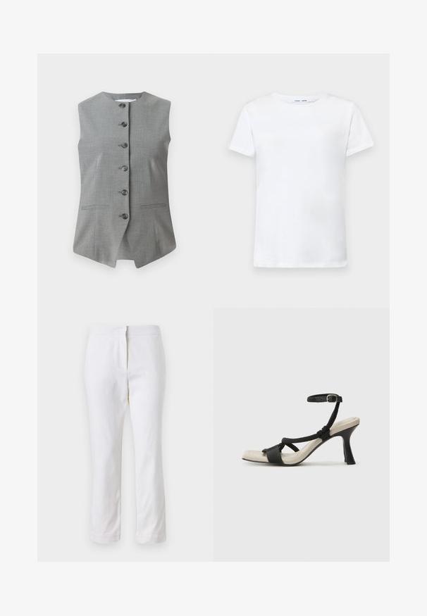 Chaleco sin mangas gris con un escote redondo, cierre de botones en la parte delantera y dos bolsillos laterales. Fabricado con una tela texturada y un ajuste entallado.; Camiseta blanca de manga corta hecha de algodón con diseño de cuello redondo. Textura suave y corte recto, sin patrones ni acentos.; Pantalones de algodón blancos con un diseño de pierna recta, que cuentan con una cintura de media altura y sin herrajes o patrones visibles. Textura suave en todo su recorrido.; Sanda¡ía de tacón negro con diseño de tira trenzada, punta cuadrada y correa ajustable en el tobillo. Plantilla de color beige claro con un tacón negro brillante.