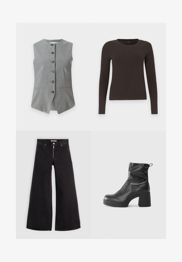 Chaleco sin mangas gris con un escote redondo, cierre de botones en la parte delantera y dos bolsillos laterales. Fabricado con una tela texturada y un ajuste entallado.; Top marrón de manga larga y con ribete, con cuello redondo. Fabricado con un material suave y elástico, presenta una silueta ajustada y un diseño minimalista.; Jeans de pierna ancha en denim negro con cierre frontal, diseño de cinco bolsillos y detalles de costura sutiles. Textura suave y estilo casual.; Botines negros de tobillo, hechos de cuero suave, con cierre lateral, tacón grueso texturizado y diseño de punta redondeada.