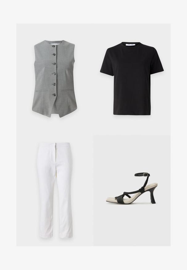 Pilkas liemenė be rankovių, su apvaliu dekoltė, priekiniais mygtukais ir dviem šoniniais kišenėmis. Pagaminta iš tekstūruoto audinio, su pritaikytu siluetu.; Juodas trumpas rankovės marškinėliai, pagaminti iš minkštos medvilnės, su apvaliu iškirpimu, laisvu pritaikymu ir lygiu paviršiumi. Nėra matomų raštų ar grafikos.; Balti medvilniniai kelnių su tiesiu kojų dizainu, turintys vidutinį liemenį ir be matomų detalių ar raštų. Lygi tekstūra visame paviršiuje.; Juodų aukštakulnių sandalų su pintu dirželiu dizainas, kvadratine nosimi ir reguliuojamu kulkšnies dirželiu. Šviesiai bežė padas su blizgiu juodu kulnu.