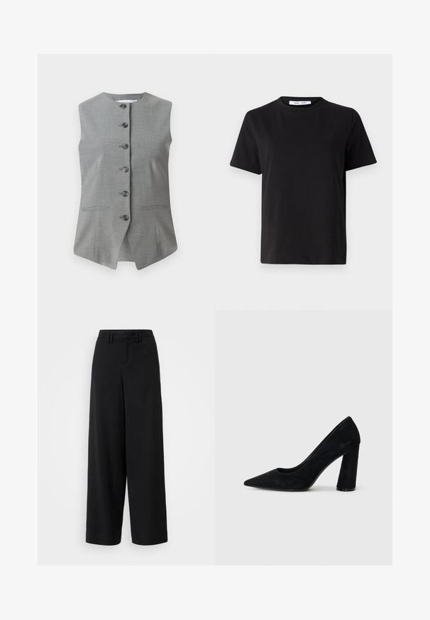 Grauer ärmelloser Weste mit Rundhalsausschnitt, vorderer Knopfleiste und zwei seitlichen Taschen. Hergestellt aus einem strukturierten Stoff mit tailliertem Schnitt.; Schwarzes T-Shirt mit kurzen Ärmeln aus weicher Baumwolle, mit rundem Ausschnitt, lockerer Passform und glatter Textur. Keine sichtbaren Muster oder Grafiken.; Schwarze weite Hosen aus glattem Stoff, mit einem flachen Frontdesign, gefältelten Details und Gürtelschlaufen am Bündchen.; Schwarze Wildleder-Pumps mit hohen Absätzen, spitzem Schuhkopf und klobigem Absatz. Elegantes Design, glatte Textur und minimalistischer Stil. Keine sichtbare Markenkennzeichnung.