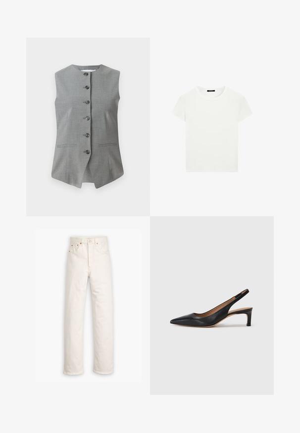 Grauer ärmelloser Weste mit Rundhalsausschnitt, vorderer Knopfleiste und zwei seitlichen Taschen. Hergestellt aus einem strukturierten Stoff mit tailliertem Schnitt.; Schlichtes weißes T-Shirt mit kurzen Ärmeln und Rundhalsausschnitt in schlanker Passform, flach vor einem weißen Hintergrund präsentiert.; Weiße Denim-Jeans mit geradem Bein, im Fünf-Taschen-Stil und mit kupferfarbenen Hardware-Details. Rohschnitt an den Knöcheln.; Schwarze Leder-Slingback-Pumps mit spitzer Zehenform, niedrigem Absatz und glatter Textur. Verfügt über einen dünnen, verstellbaren Riemen für einen sicheren Sitz.