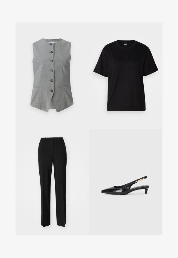 Vest gri fără mâneci, cu decolteu rotund, închidere frontală cu butoane și două buzunare laterale. Fabricat dintr-un material texturat, cu o croială ajustată.; T-shirt negru din bumbac, cu guler rotund, mâneci scurte și un logo brodat pe piept. Design simplu, cu o croială relaxată și fără modele.; Pantaloni negri tailor-ed cu un design drept, având o textură fină și cute clare pe față. Fără elemente de prindere vizibile.; Sandale slingback din piele neagră cu vârf ascuțit, având un toc subțire și un accent de culoare aurie pe curea ajustabilă. Textură netedă.