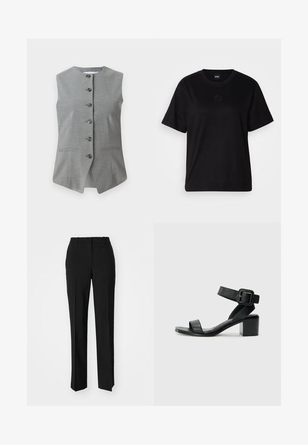 Gray sleeveless vest with a round neckline, front button closure, and two side pockets. Made from a textured fabric with a tailored fit.; Black cotton t-shirt with a crew neckline, short sleeves, and an embroidered logo on the chest. Simple, relaxed fit with no patterns.; Black tailored trousers with a straight-leg design, featuring a smooth texture and crisp creases along the front. No visible hardware.; Black leather heeled sandal with adjustable ankle strap, open toe design, and a square block heel. Smooth texture, minimalistic style.
