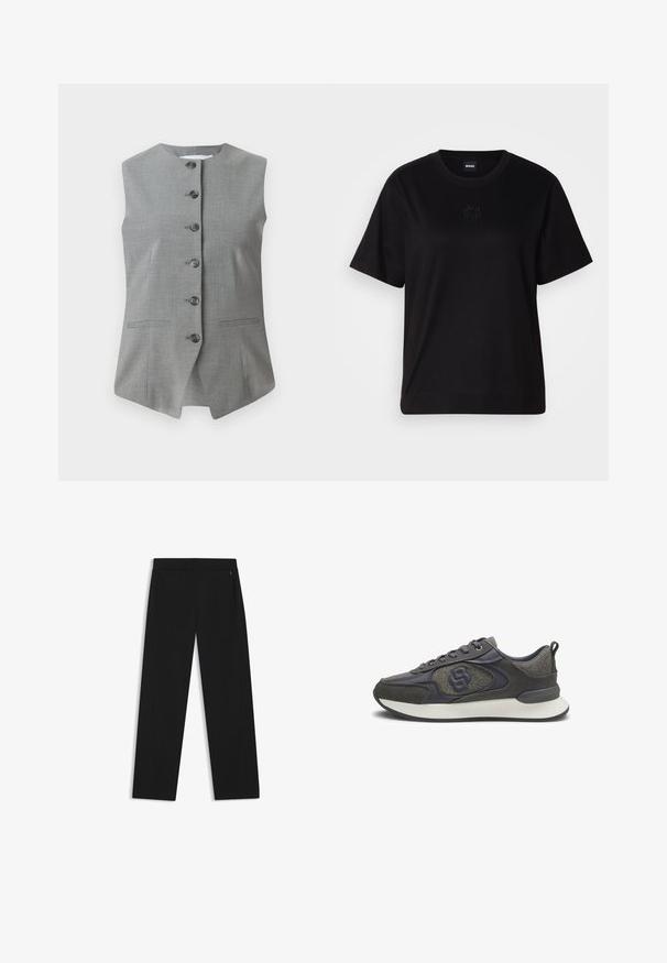 Grijze mouwloze vest met een ronde halslijn, sluiting met knopen aan de voorkant en twee zijzakken. Gemaakt van een gestructureerde stof met een getailleerde pasvorm.; Zwarte katoenen t-shirt met een ronde hals, korte mouwen en een geborduurd logo op de borst. Eenvoudige, comfortabele pasvorm zonder patronen.; Zwarte wijde broek van gladde stof, met zijzakken en een vlakke tailleband voor een gestroomlijnde uitstraling.; Grijze en zwarte lage sneaker met gestructureerde stof, leren details, vetersluiting aan de voorkant, gevoerde witte zool en een lusje aan de hiel.