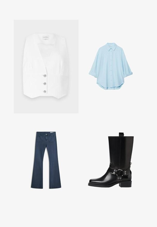 Weißes ärmelloses Oberteil mit tiefem V-Ausschnitt, tailliert geschnitten und mit drei silbernen Knöpfen an der Vorderseite. Glattes, leichtes Material.; Helles blaues Hemd aus einem weichen Stoff, mit klassischem Kragen, durchgehender Knopfleiste und hochgekrempelten Ärmeln für eine lässige Passform.; Dunkelblaue, ausgestellte Jeans aus Denim mit genähten Taschen, einem Knopfverschluss und einer glatten Textur. Mit einem klassischen Fünf-Taschen-Design.; Schwarze Lederstiefel bis zum Knie mit spitzer Zehenform, silbernen Schnallenakzenten und einem klobigen Absatz. Verfügt über eine Zuglasche für einfaches Anziehen.