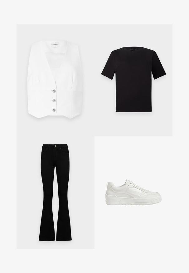 Valkoinen hihaton paita syvällä V-kaulaharsilla, jossa on muotoilu ja kolme hopeaharkia edessä. Sileä, kevyt kangas.; Musta lyhythihainen t-paita pyöreällä kaula-aukolla, valmistettu pehmeästä puuvillakankaasta. Yksinkertainen malli, ei näkyviä logoja tai kuvioita.; Mustat korkeavyötäröiset farkut nappi- ja vetskariyläosalla, etutaskuilla ja levenevillä lahkeilla, asetettuna tasaisesti valkoista taustaa vasten.; Valkoiset nahkabootsit, joissa on sileä pinta, pehmustettu nilkka ja rei'itetty varvas. Varustettu hieman kohotetulla kumipohjalla ja nauhakiristyksellä.