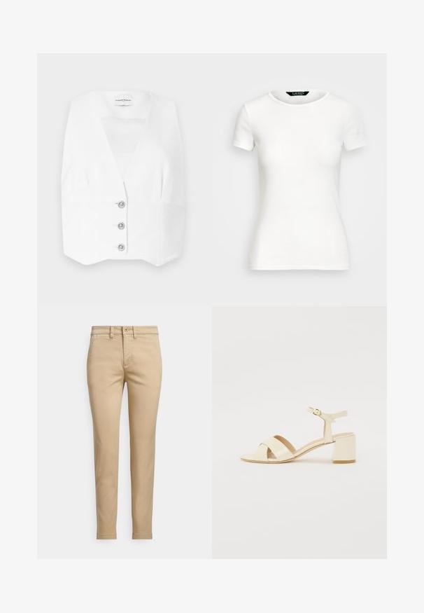 Balta bez piedurknēm blūze ar dziļu V-veida kakla izgriezumu, ar pieguļošu piegriezumu un trim sudraba pogām priekšpusē. Gluda, viegla auduma.; Balts kokvilnas T-krekls ar īsām piedurknēm, apaļu kaklu, pieguļošu dizainu un gludu tekstūru. Logo birka pie kakla.; Bēša kokvilnas šinī bikses ar taisnu piegriezumu, ar pogu aizdari, priekšējām kabatām un šuvju dekoratīvu šuvumu detaļām.; Bežīgi patentēti ādas sandalītes ar krustenisku siksnu dizainu, atvērtu pirkstu, regulējamu potītes siksnu un bloku papēdi. Gluda tekstūra.