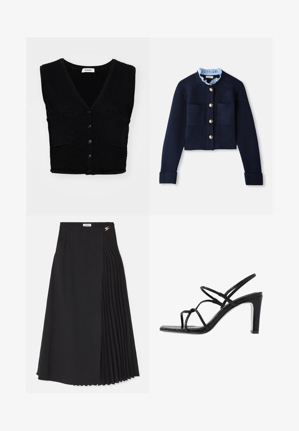 Zwart gebreid mouwloos vest met een v-hals, voorzien van een textuurpatroon, twee frontzakken en vijf zwarte knopen in het midden.; Marineblauwe korte cardigan met twee voorkruiszakken, gouden knopen en een lichtblauwe gerimpelde kraag. Gemaakt van ribbelstof.; Grijze gebreide kortärmsgilet met een kabelpatroon, voorzien van een denim kraag en vijf gouden knopen aan de voorkant.; Zwarte midi-rok met een geplooid ontwerp aan één kant, gemaakt van lichtgewicht stof met een verborgen ritssluiting en zijzakken.; Zwarte hoge sandalen met dunne banden, een gestructureerde afwerking, open teen en een slank, puntig hakontwerp. Beschikt over een gladde inlegzool en een glanzend oppervlak.
