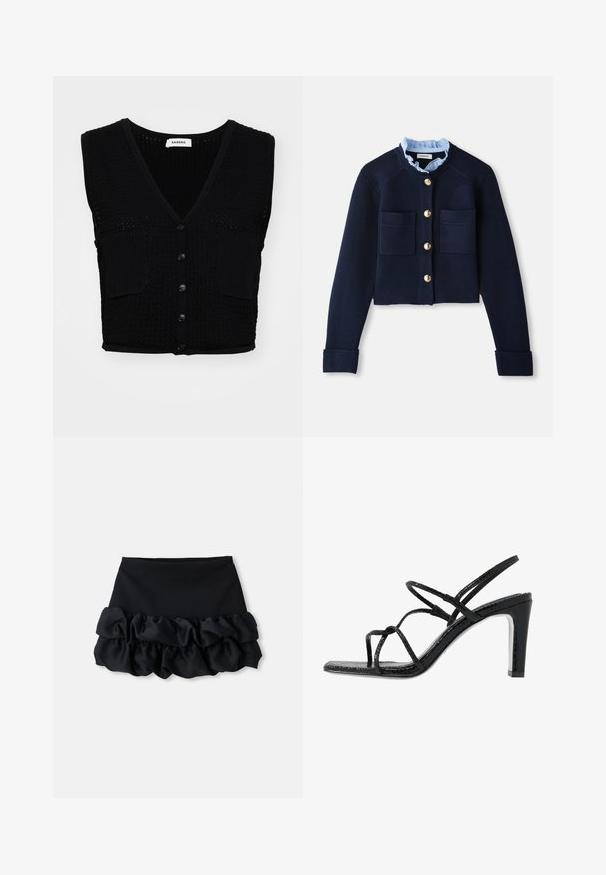 Fekete kötött ujjatlan mellény V-nyakkal, texturált mintázattal, két elülső zsebbel és öt fekete gombbal az elején.; Sötétkék cropped kardigán, két elülső zsebbel, arany gombokkal és világoskék, fodros gallérral. Bordás textúrájú anyagból készült.; Szürke kötött rövid ujjú kardigán, kábelmintával, denevérszárnyú gallérral és öt arany gombbal az elején.; Fekete mini szoknya, amely illeszkedő topból készült, és alján három réteg fodros anyag található, sima textúrával és tiszta vonalakkal.; Fekete magassarkú szandál vékony pántokkal, texturált felsőrésszel, nyitott orral és karcsú, hegyes sarkú kialakítással. Simább talpbélével és fényes felületével rendelkezik.