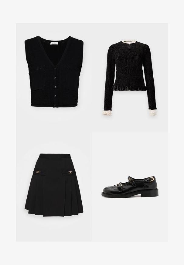 Vest negru tricotat fără mâneci, cu decolteu în V, având un model texturat, două buzunare frontale și cinci nasturi negri pe mijloc.; Top negru cu mâneci lungi, dintr-un material texturat, cu un tiv ondulat și accente din volan alb la guler și manșete. Prezintă o închidere centrală cu bucle.; Fustă plisată neagră cu accente din metal aurit. Prezintă buzunare laterale cu detalii ale logo-ului, realizată dintr-un material neted. Siluetă în formă de A.; Pantofi din piele neagră cu detalii brogue, având două curele cu cataramă, vârf rotund și toc jos. Textură netedă cu finisaj lucios.