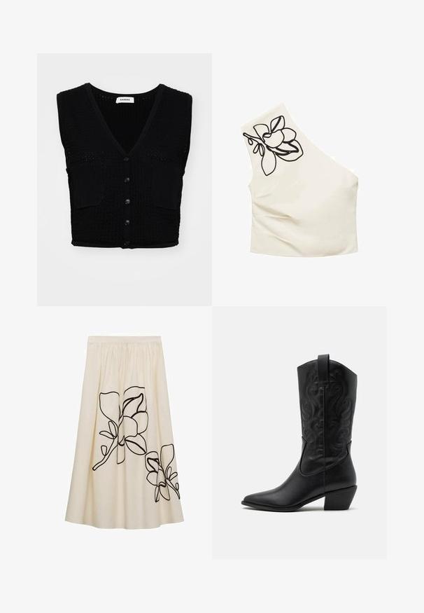 Schwarze gestrickte ärmellose Weste mit V-Ausschnitt, die ein strukturiertes Muster, zwei Vorderentaschen und fünf schwarze Knöpfe in der Mitte aufweist.; Asymmetrisches cremefarbenes Oberteil mit einem einzigen Träger. Mit schwarz floralem Stickerei auf der Schulter. Glatte Stoffqualität mit taillierter Passform.; Cremefarbener Rock mit schwarzer Blumenstickerei, ausgestattet mit einem gerafften Bund und fließendem Design, aus einem leichten Stoff gefertigt.; Schwarze Leder-Cowboy-Stiefel mit spitzem Zeh, geprägten, wirbelnden Mustern und einem mittelhohen Absatz. Mit einem Zuglasche für einfaches An- und Ausziehen.