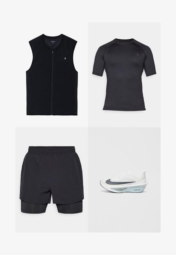 Juodas zip-up liemenė be rankovių, pagaminta iš lygios medžiagos. Turi šonines kišenes, aukštą apykaklę ir mažą logotipą ant krūtinės.; Juodas trumpas rankovės sportinis marškinėliai, pagaminti iš lygaus, tamprumo audinio. Su apvaliu kaklu ir minimalia ženklinimo detale krūtinėje.; Juodi sportiniai šortai su elastingu juosmeniu, sluoksniuota konstrukcija ir prigludusia vidine pamušalu. Lygus paviršius, sukurtas patogumui.; Balti sportiniai bateliai su pilku tinkleliu, mėlynas ZoomX putų vidurinės dalies padas ir išgaubtas padas, užtikrinantis didesnį varomumą ir komfortą.