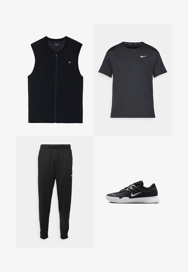 Svart glidelåsvest uten ermer, laget av et glatt stoff. Har side lommer, høy krage og en liten logo på brystet.; Svart Nike løpe-T-skjorte laget av lett, pustende stoff, med korte ermer og en liten hvit logo på brystet.; Svarte treningsbukser laget av glatt stoff, med elastisk midje, smale ben og en liten hvit logo på venstre side.; Svart treningssko med teksturert overdel, hvit Nike-swoosh og hvit gummisåle. Har snøring og en dynamisk form.