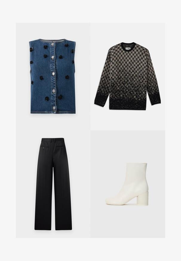 Denim bez piedurkņu veste ar priekšējo pogu aizdari. Iezīmējas ar melniem ziedu aplikācijām un kontrastējošu aparatūru uz zilas auduma.; Adītā džemperis ar dimanta rakstu bēšā un melnā krāsā, ar pakāpenisku krāsu pāreju. Apaļā izgriezuma un garām piedurknēm. Mīksta tekstūra.; Melni platleņķa bikses ar plakanu priekšpusi, divām aizmugurējām kabatām ar pogām un gludu tekstūru. Uzvalka dizains ar taisnu griezumu.; Baldais ādas potītes zābaks ar noapaļotu purngalu un masīvu cilindrisku papēdi. Gluda tekstūra, minimāls dizains, nav redzamu aksesuāru vai rakstu.