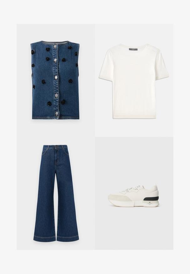 Džinsinis be rankovių liemenė su priekyje esančia mygtukų uždarymo sistema. Puošia juodos gėlės aplikacijos ir kontrastingi metaliniai elementai ant mėlynos medžiagos.; Baltas trumpas rankovėmis megztinis su apvaliu kaklu, pasižymintis lygia tekstūra ir subtiliais raštuotais akcentais rankovėse bei apykaulyje.; Plati mėlynos džinsinės kelnės su aukštu liemeniu, turinčios mygtukų užsegimą, diržo kilpas ir subtilius siuvinėjimo akcentus ant kišenių bei apdailos.; Balti sportiniai bateliai su tekstūruotu zomšiniu priekiu, sklandžiu tinkliniu viršumi, dekoratyviomis raištelėmis ir juodu guminiu kulno akcentu.