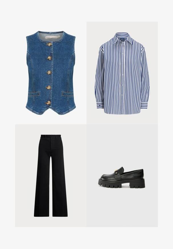 Tumši zila džinsu veste ar apaļu kakla izgriezumu, piecas lielas zelta pogas priekšpusē un divas sānu kabatas. Gluda tekstūra.; Svītraina krekla ar vertikālām tumši zilām un baltām svītrām, pogājama priekšpuse un klasiskā apkakle. Garas piedurknes ar pogu aprocēm.; Melni platā kāju bikses, izgatavotas no austas auduma, ar augstu jostasvietu, priekšējo pogu aizdari un sānu kabatām. Gluda tekstūra ar skaidrām līnijām.; Melni ādas mokasīni ar masīvu zoli, ar zeltaini akcentu priekšā un gludu apdari. Masīva protektora dizains uz zoles.