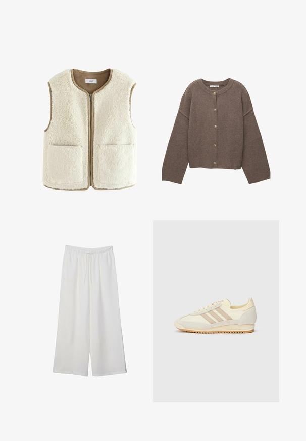 Gilet in pelliccia ecologica color crema con chiusura a zip, collo rotondo e due tasche anteriori. I bordi presentano un bordo beige a contrasto. Morbido al tatto.; Cardigan lavorato a maglia marrone con scollatura rotonda, maniche lunghe e chiusura frontale con quattro bottoni beige. Tessuto strutturato.; T-shirt bianco a maniche corte realizzato in cotone. Presenta un collo tondo e una vestibilità rilassata. Texture liscia senza motivi o dettagli visibili.; Pantaloni bianchi a gamba larga realizzati in tessuto leggero, dotati di una vita elastica e di un cordino per una vestibilità regolabile. Texture liscia.; Sneaker sportivo crema con tre strisce beige, materiali in suede e tessuto, suola testurizzata e logo in rilievo sul tallone.