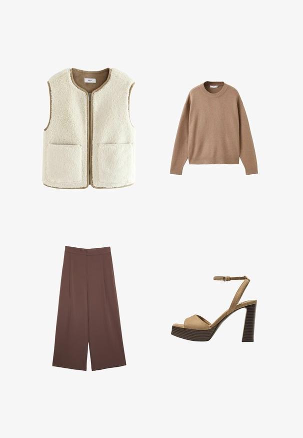 Kremowa kamizelka z futra syntetycznego z zamkiem z przodu, okrągłym dekoltem i dwiema przednimi kieszeniami. Krawędzie wykończone kontrastowym beżowym obszyciem. Miękka tekstura na całej powierzchni.; Miękki beżowy sweter z długim rękawem i okrągłym dekoltem, z prążkowanymi mankietami, dolnym obszyciem i dekoltem, wyeksponowany na płasko na białym tle.; Brązowe spodnie o szerokich nogawkach z gładką fakturą, z wysokim stanem i plisami z przodu. Materiał jest lekki i luźno opada.; Beżowe zamszowe sandały na wysokim obcasie z szerokim paskiem z przodu i paskiem za kostkę, z masywnym drewnianym obcasem o teksturowanym wykończeniu.