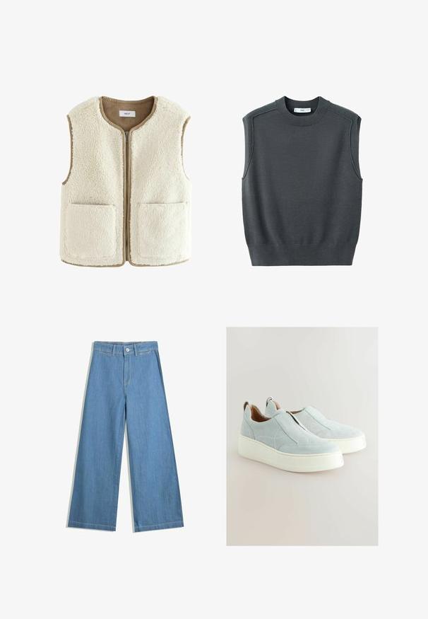 Crème faux fur vest met een ritssluiting aan de voorkant, ronde hals en twee voorzakken. De randen hebben een contrasterende beige afwerking. Zachte textuur door het geheel.; Mouwloze donkergrijze trui met een ronde halslijn, geribbelde zoom en schoudernaden. De stof heeft een gladde en iets rekbare textuur.; Lichtblauwe wijde jeans van denim, met een knoopsluiting, riemlussen en subtiele stikseldetails.; Lichtblauwe suède instappers met een dikke witte zool, voorzien van zijstiksels en een trekloop aan de hiel voor gemakkelijk aan- en uittrekken.
