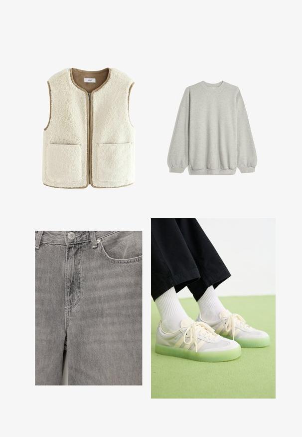 Krémová umelá kožušina s predným zipsom, okrúhlym výstrihom a dvoma prednými vreckami. Okraje sú zvýraznené kontrastným béžovým lemom. Celý materiál je jemný na dotyk.; Sivá mikina vyrobená z mäkkej tkaniny, s klasickým okrúhlym golierom, dlhými rukávmi s elastickými manžetami a voľným strihom. Bez vzorov alebo akcentov.; Sivé denimové džínsy s hladkou textúrou, obsahujúce predné zapínanie na gombík a zips, bočné vrecká a jemné švy.; Svetlé tenisky s vrchom z zamatu a sieťoviny, so zložením troch bočných pruhov, plochými šnúrkami a priehľadnou zelenou gumovou podrážkou.