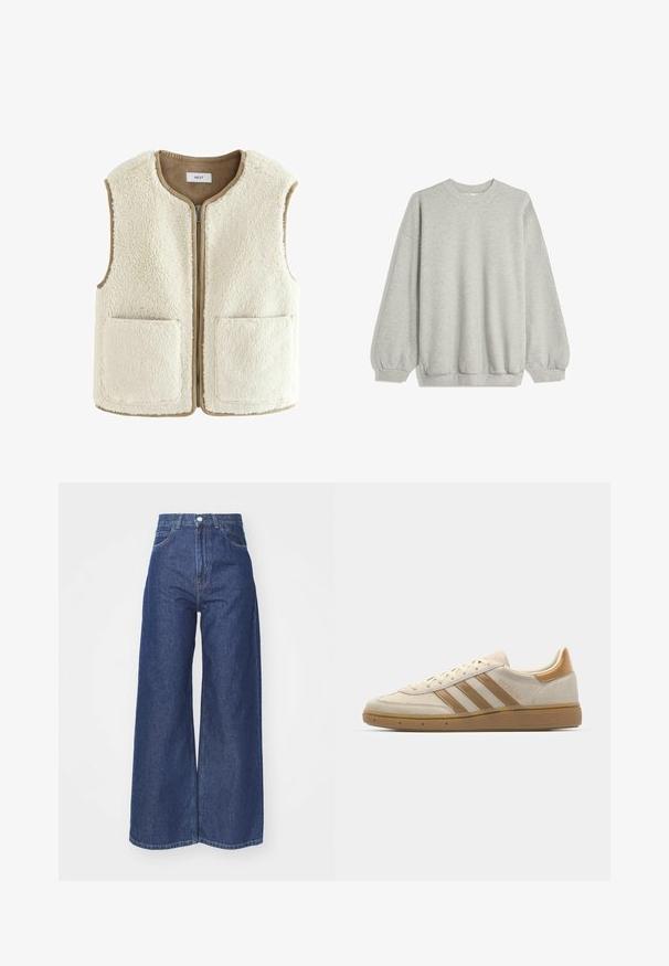 Krämfärgad fuskpälsväst med dragkedja fram, rund hals och två framfickor. Kanterna har en kontrasterande beige kant. Mjuk textur hela vägen.; Grå sweatshirt av mjukt tyg, med rundad halsringning, långa ärmar med elastiska muddar och en avslappnad passform. Ingen mönster eller detaljer.; Breda ben-jeans i mörkblå denim. Hög midja med dragkedja och knappstängning. Har klassisk femfickdesign och kantade kanter.; Beige mockakesskor med ljusbruna detaljer. Har tre bruna ränder, strukturerad gummisula och en rundad tådesign.