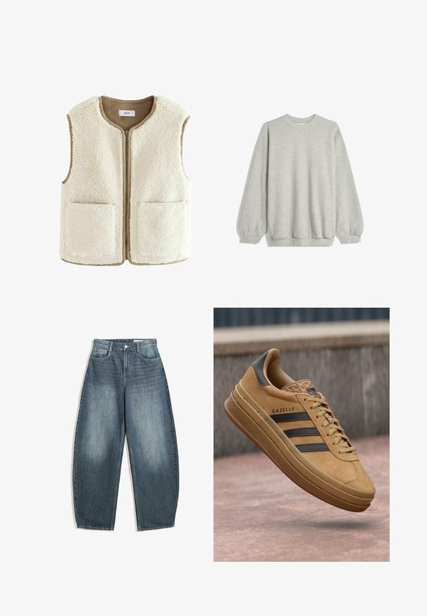 Tejfehér műszőrme mellény cipzárral, kerek nyakkal és két elülső zsebbel. Az élek kontrasztos bézs díszítéssel rendelkeznek. Az anyag puha tapintású.; Szürke pulóver, amely puha anyagból készült, kerek nyakkivágással, hosszú ujjakkal, rugalmas mandzsettákkal és laza fazonnal. Nincsenek minták vagy díszítések.; Világoskék farmer széles lábú nadrág, magas derékkal, öt zsebbel, finom elhalványodással és varrásmintákkal a varrások mentén.; Barna velúr sportcipők sima textúrával, három sötét csíkkal, lekerekített orral és vastag talppal, amelynek szegélye mintázott.