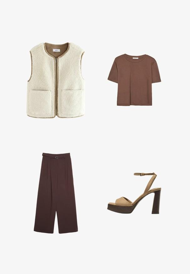 Gilet in pelliccia ecologica color crema con chiusura a zip, collo rotondo e due tasche anteriori. I bordi presentano un bordo beige a contrasto. Morbido al tatto.; Maglietta a maniche corte marrone realizzata in tessuto morbido, con scollatura rotonda e vestibilità rilassata. Nessun motivo o dettaglio visibile.; Stradivarius WIDE-LEG WITH BUCKLE DETAIL - Pantaloni - dark brown; Sandali con tacco alto in suede beige, con una larga fascetta anteriore e una fascetta alla caviglia, dotati di un tacco blocco in legno spesso con una finitura testurizzata.